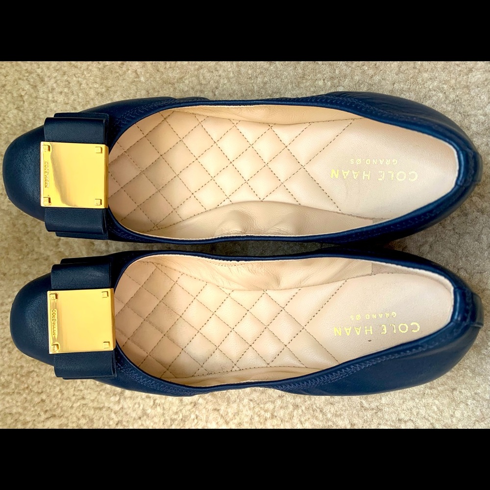 Cole Haan Navy Blue Leather Ballet Flats with Gold Accent